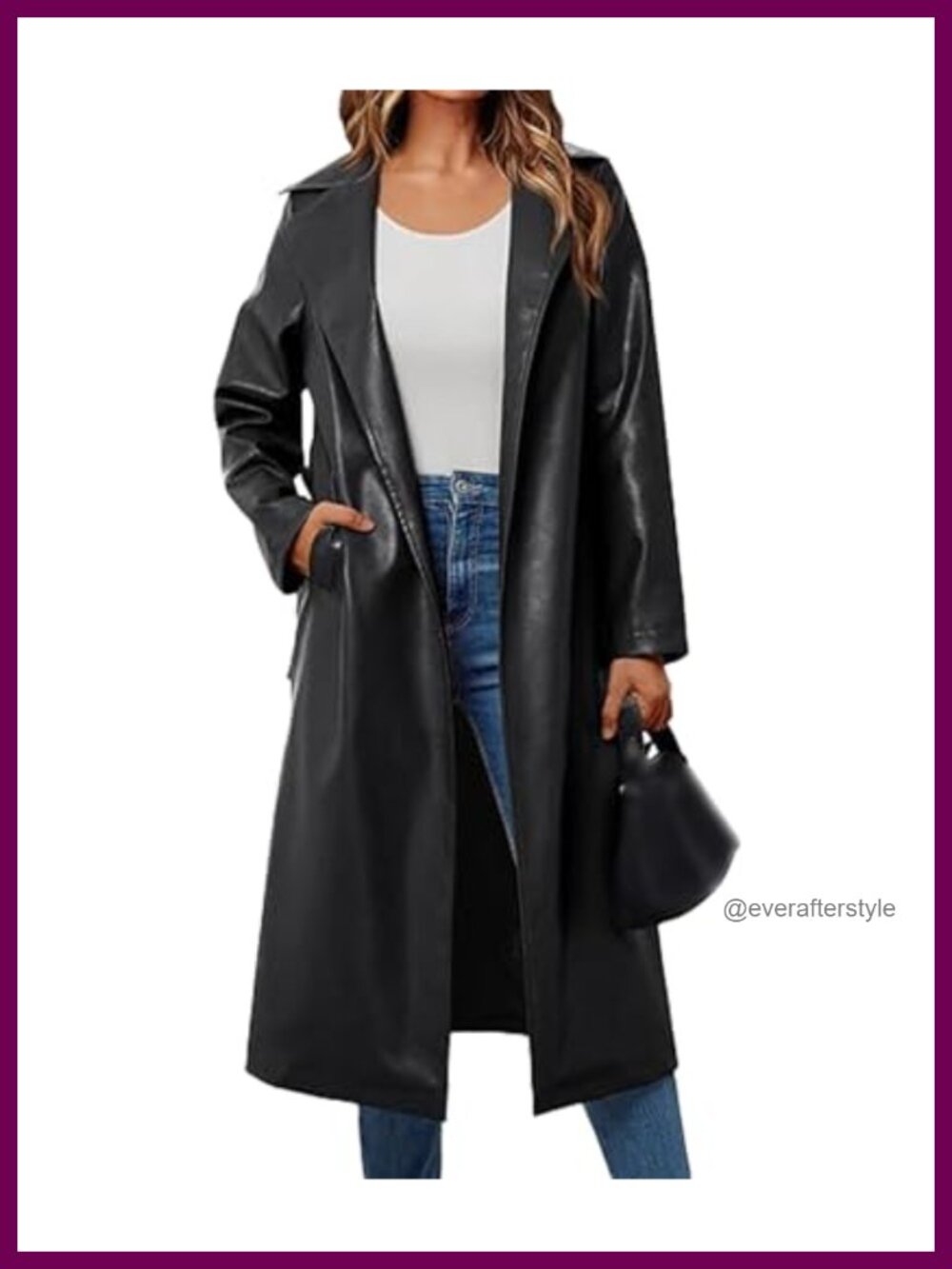 Faux Leather Long Coat Notched Lapel Trench Maxi Overcoat